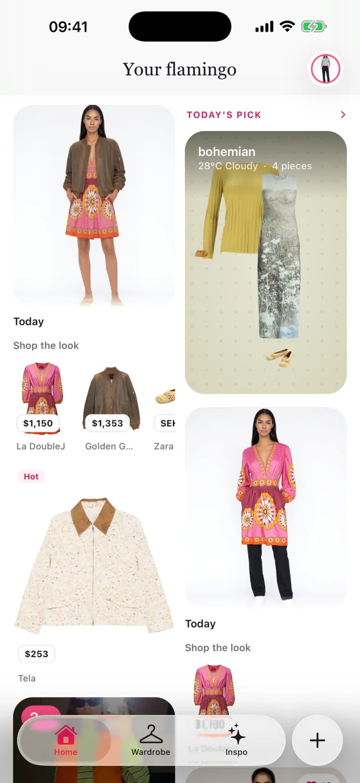 Flamingo home screen with today's outfit pick for the weather