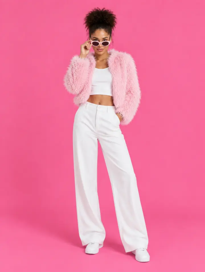 Example twin in a pink faux-fur jacket