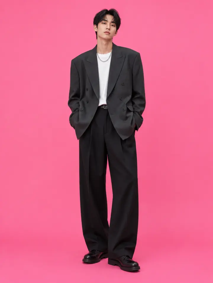 Example twin in an oversized charcoal blazer