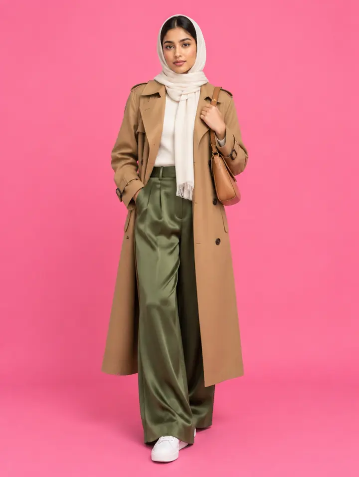 Example twin in a camel trench and olive satin trousers