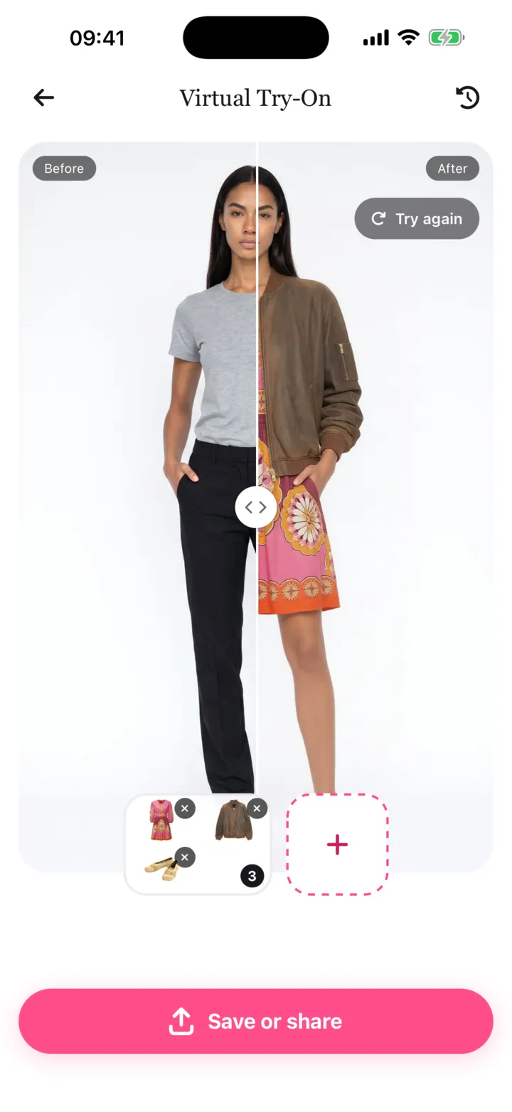 Flamingo virtual try-on screen: the twin before and after, with a slider between